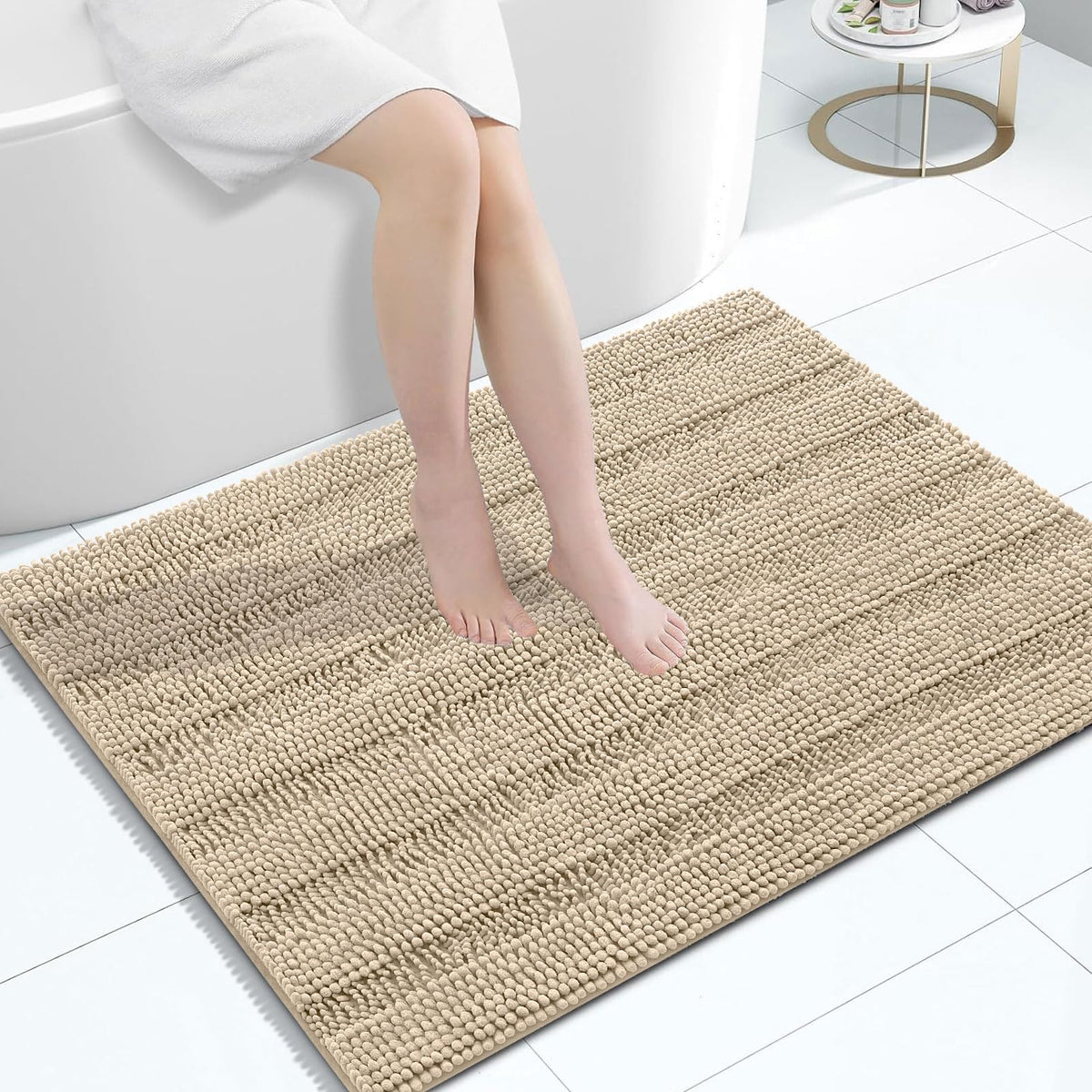 Grandaily Chenille Striped Bathroom Rugs 36x24, Extra Thick and Absorbent Bath Mats, Non-Slip Soft Plush Shaggy Shower Carpet, Machine Wash Dry, Bath Rug for Bathroom, (Large, Light Grey)