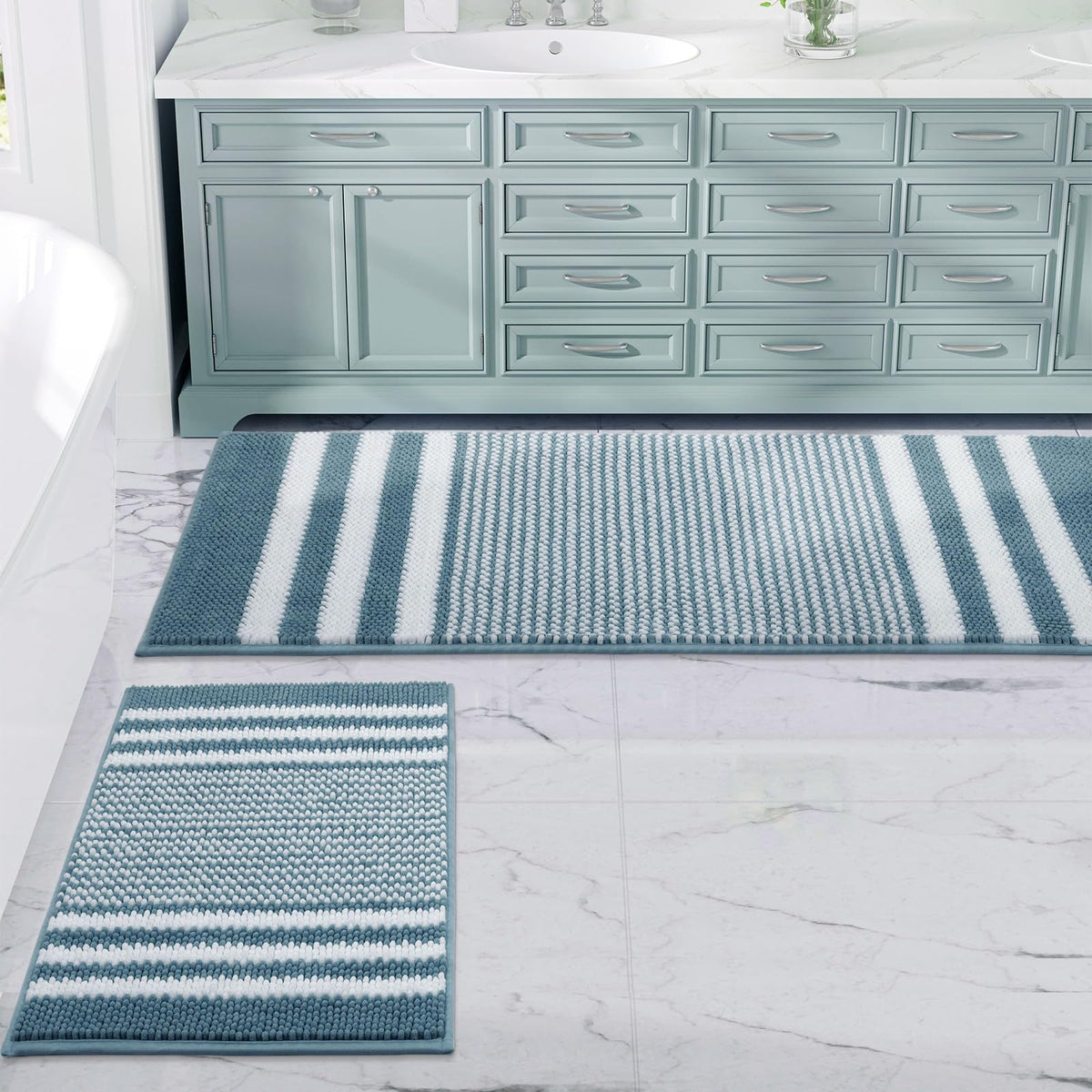 BSICPRO Bathroom Rugs Sets 2 Piece, Non Slip Striped Bath Mats, Fog Blue