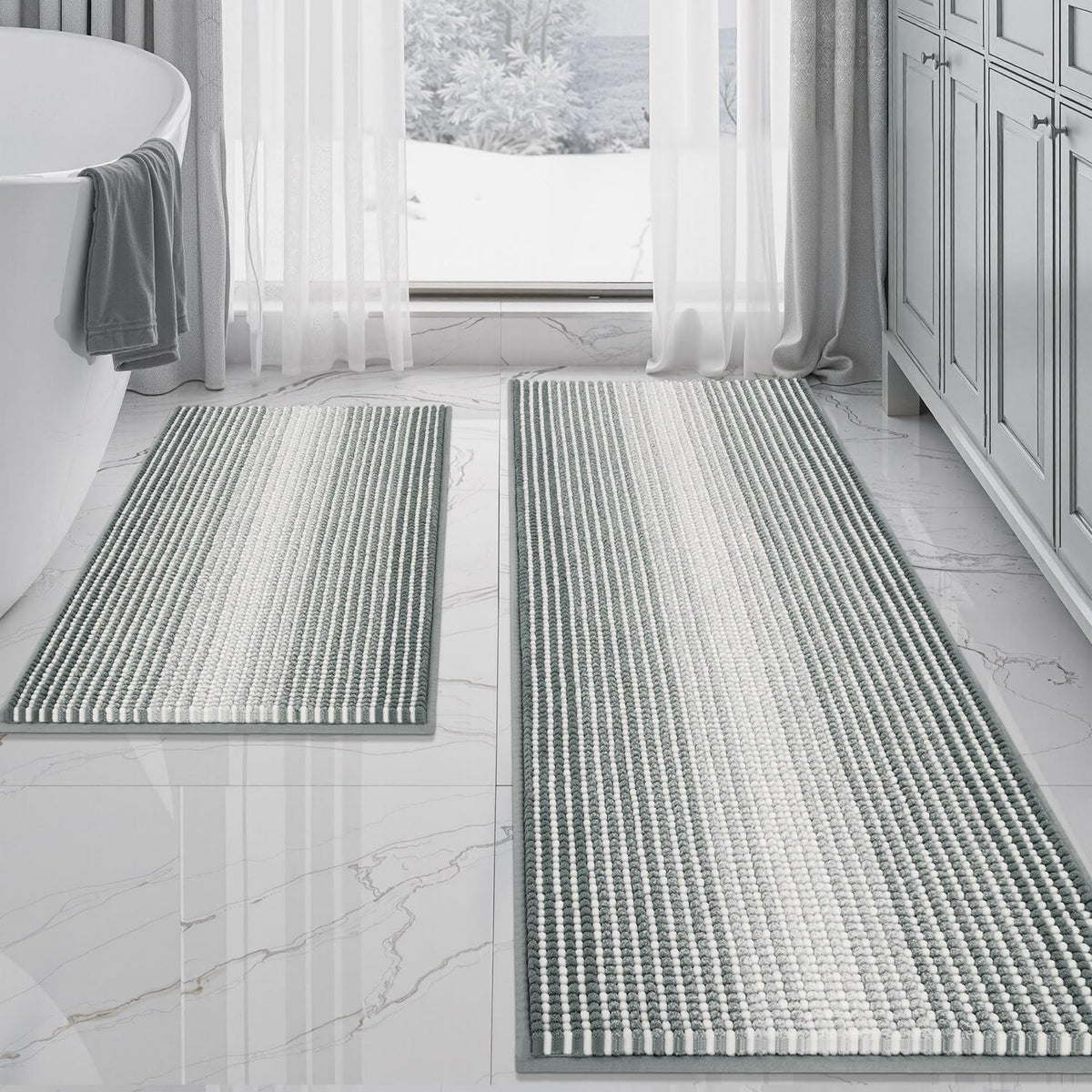 BSICPRO Bathroom Rugs Sets 2 Piece, Non Slip Striped Bath Mats, Fog Blue