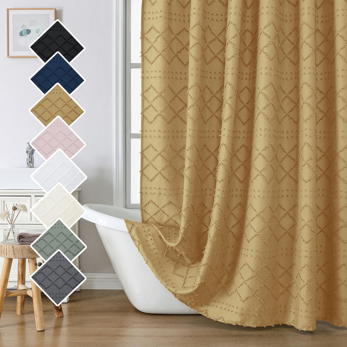 Lecloud White Fabric Shower Curtain 72x72 Inches, Boho Tufted Plaid Striped Shower Curtain Set for Bathroom, Chic Textured Cloth Shower Curtain