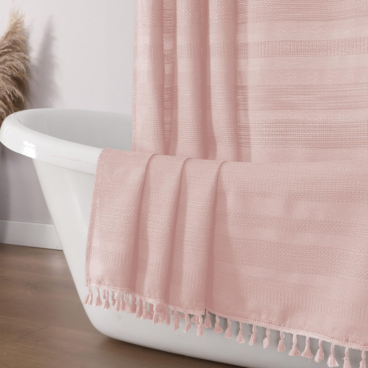 OVZME Sage Green Shower Curtain for Bathroom, Boho Linen Textured Shower Curtain with Tassel, Rustic Striped Heavy Duty Vintage Country Bathroom Curtain, 72Wx72L Inches