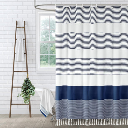 Sage Green Boho Cotton Striped Shower Curtain with Tassel 72"W X 72"L