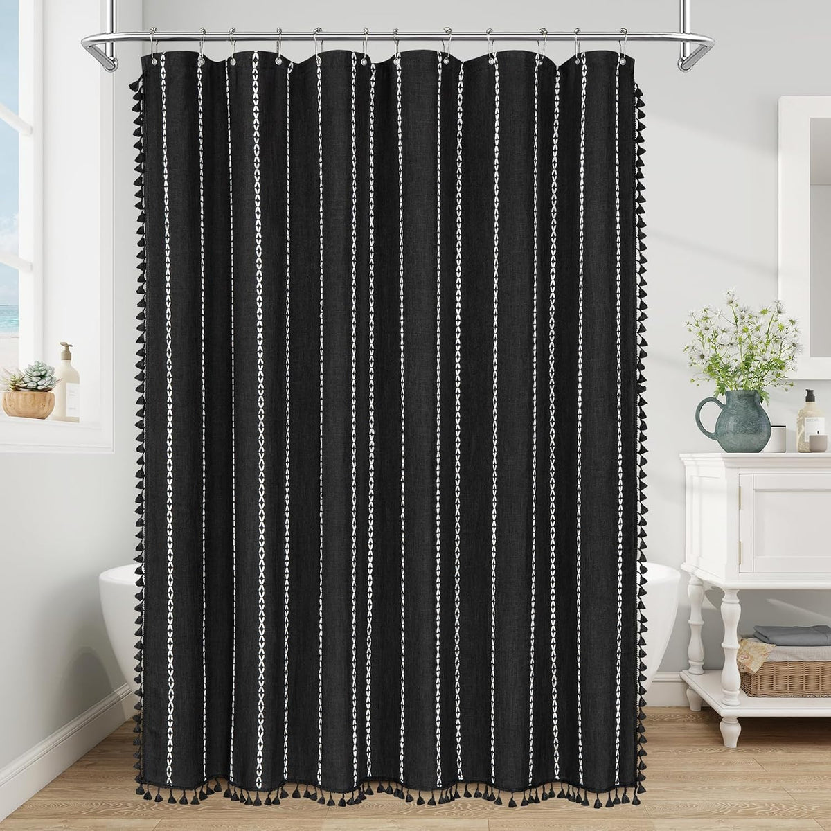 Boho Farmhouse Tassel Linen Shower Curtain,3D Embroidery Stripe Black,72x72