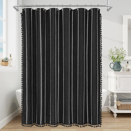 Boho Farmhouse Tassel Linen Shower Curtain,3D Embroidery Stripe Black,72x72