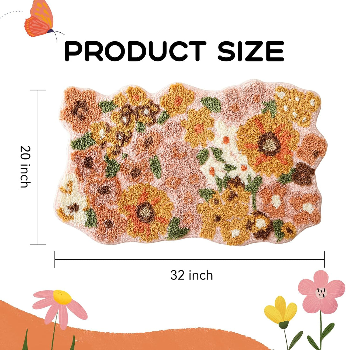 TRUEDAYS Floral Bath Mat, Cute Bath Mat for Bathroom, 32'' x 20'', Orange