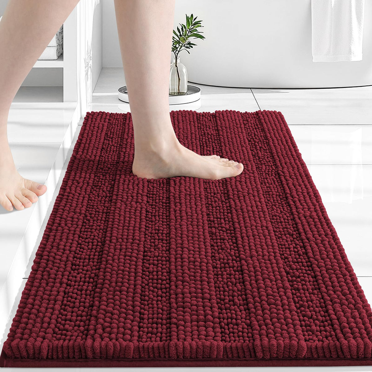 Grandaily Chenille Striped Bathroom Rugs 36x24, Extra Thick and Absorbent Bath Mats, Non-Slip Soft Plush Shaggy Shower Carpet, Machine Wash Dry, Bath Rug for Bathroom, (Large, Light Grey)