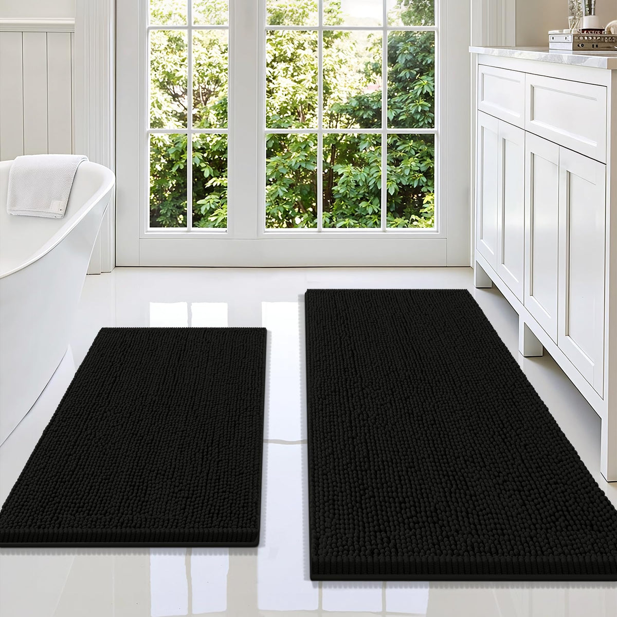 Smiry Chenille Bathroom Rugs Sets 2 Piece (30x20+24x16, Black)