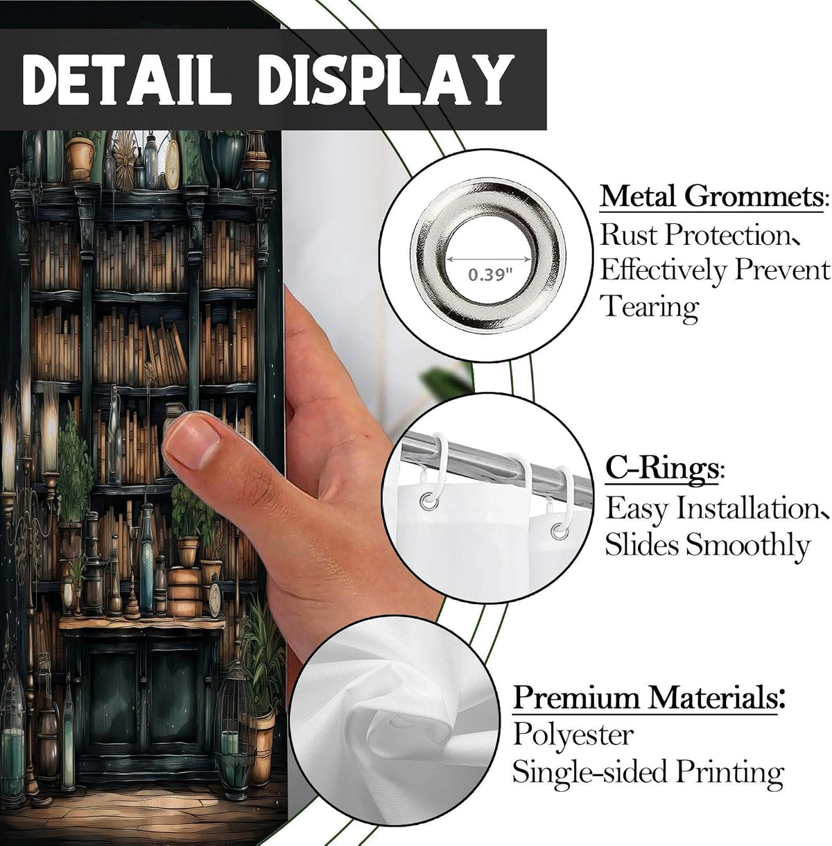 Gothic Witchy Dark Academia Bookshelf Shower Curtain 72x72 Inches