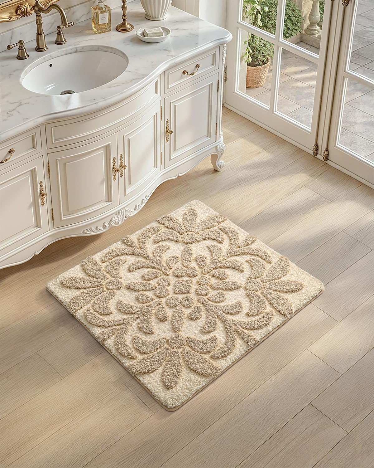 DEXI Floral Bathroom Rugs Non Slip Washable, Square Bath Mat 24x24, Beige