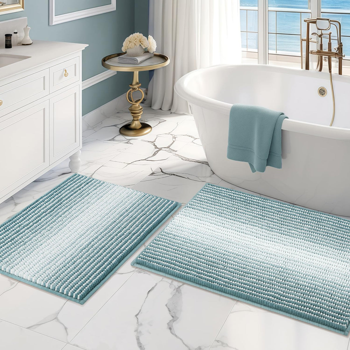 BSICPRO Bathroom Rugs Sets 2 Piece, Non Slip Striped Bath Mats, Fog Blue