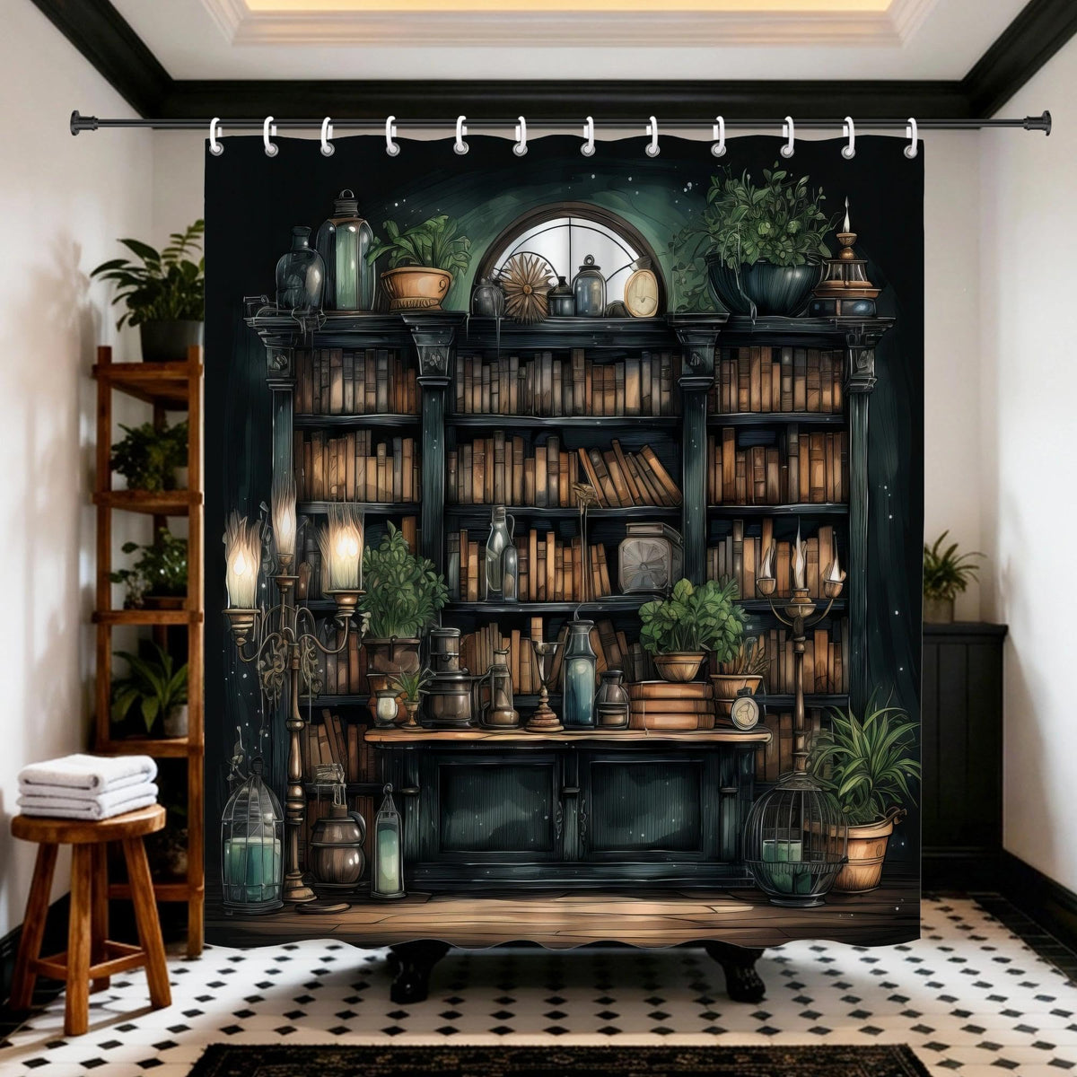 Gothic Witchy Dark Academia Bookshelf Shower Curtain 72x72 Inches