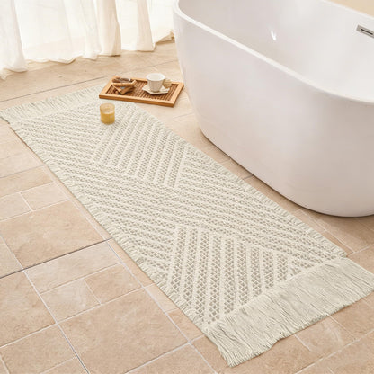 Waffle Bath Mat Non Slip, Boho Bathroom Rug, White/Taupe, 16"x24"