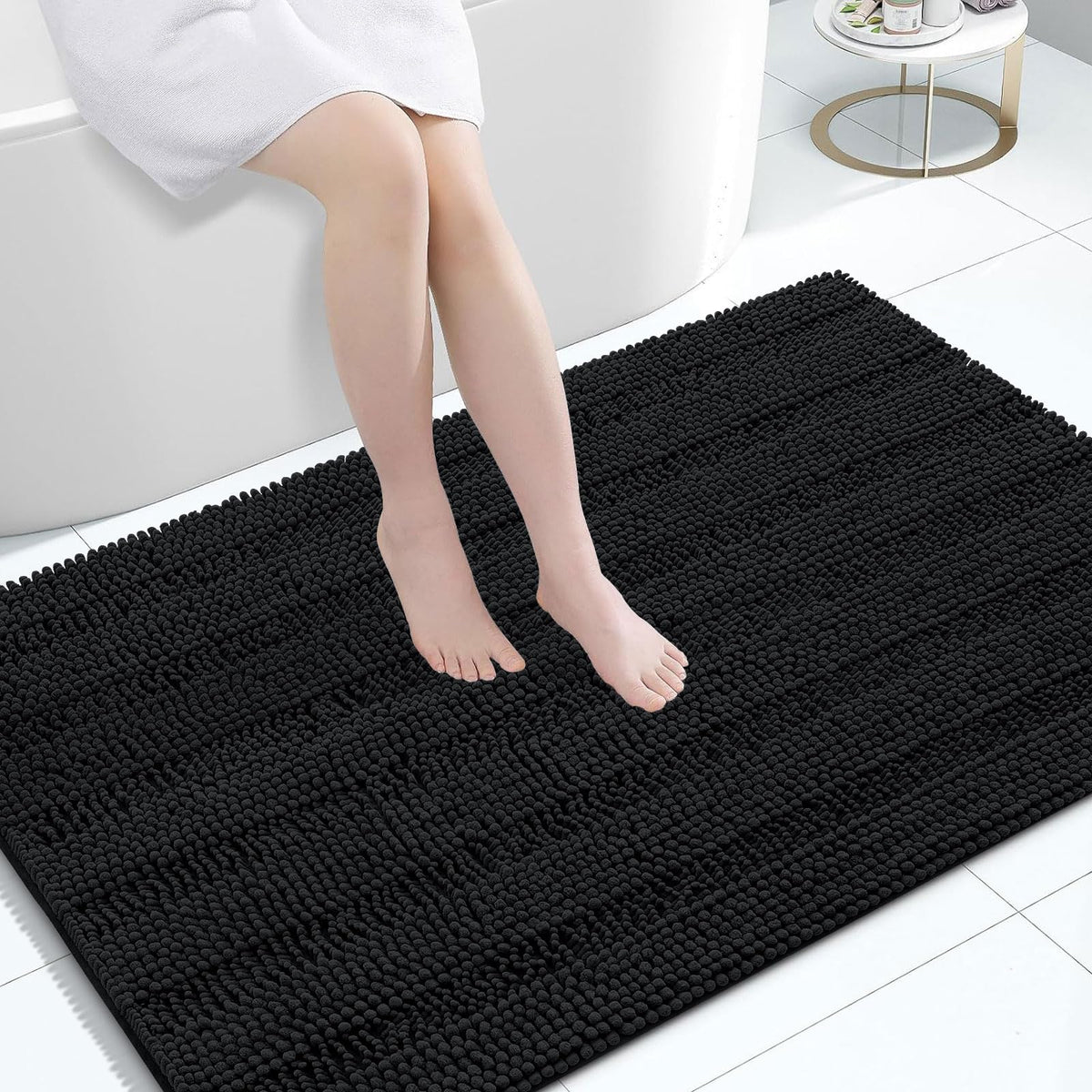 Grandaily Chenille Striped Bathroom Rugs 36x24, Extra Thick and Absorbent Bath Mats, Non-Slip Soft Plush Shaggy Shower Carpet, Machine Wash Dry, Bath Rug for Bathroom, (Large, Light Grey)
