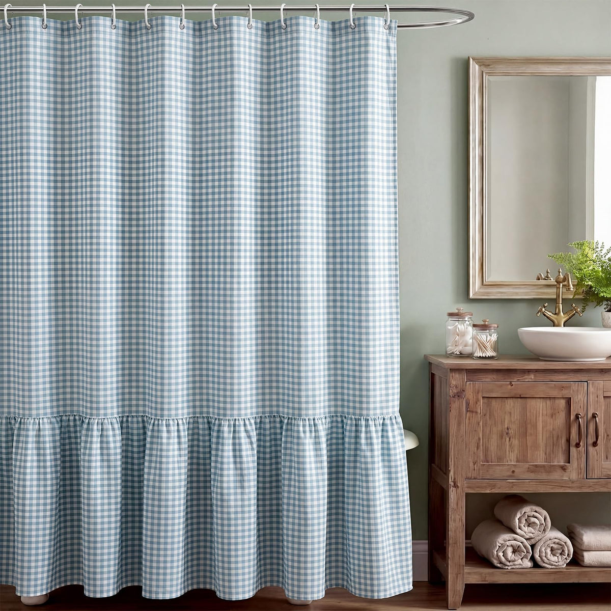 HunnmingRe Ruffle Hem Gingham Shower Curtain Sage Green