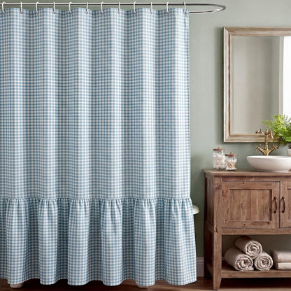 HunnmingRe Ruffle Hem Gingham Shower Curtain Sage Green