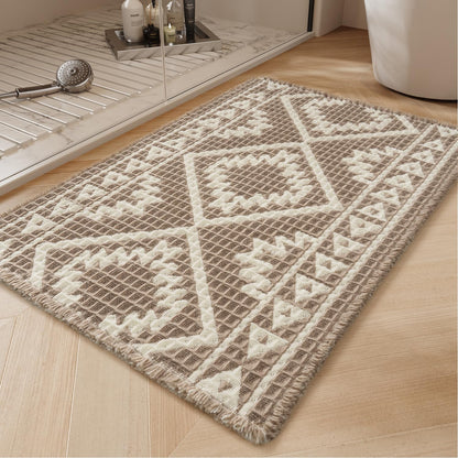 PADOOR-Waffle Bath Mat-Super Absorbent Bath Mats for Bathroom, Machine Washable Non Slip Bathroom Rug with Tassels, Soft Bathroom Mat for Laundry Room, Bedroom, Brown & Cream, 17"x28"