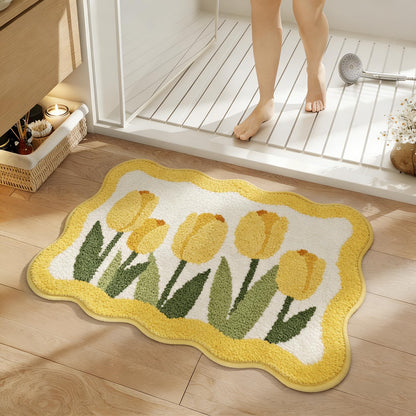 Cloud-Shaped Lily Bath Mat, Soft Non-Slip Fluffy Fresh Flowers Bathroom Rug, Ultra Absorbent Microfiber Shaggy Door Mat, Machine Washable Bath Rug Carpet for Bathtub Bedroom 20x31 Inch (White)