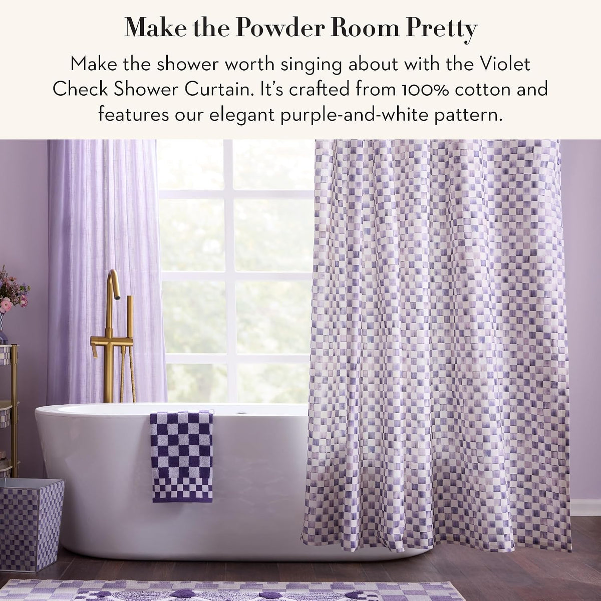 MACKENZIE-CHILDS Shower Curtain, Washable Fabric Shower Curtain for Bathroom Decor, 72" x 72", Purple-and-White Violet Check