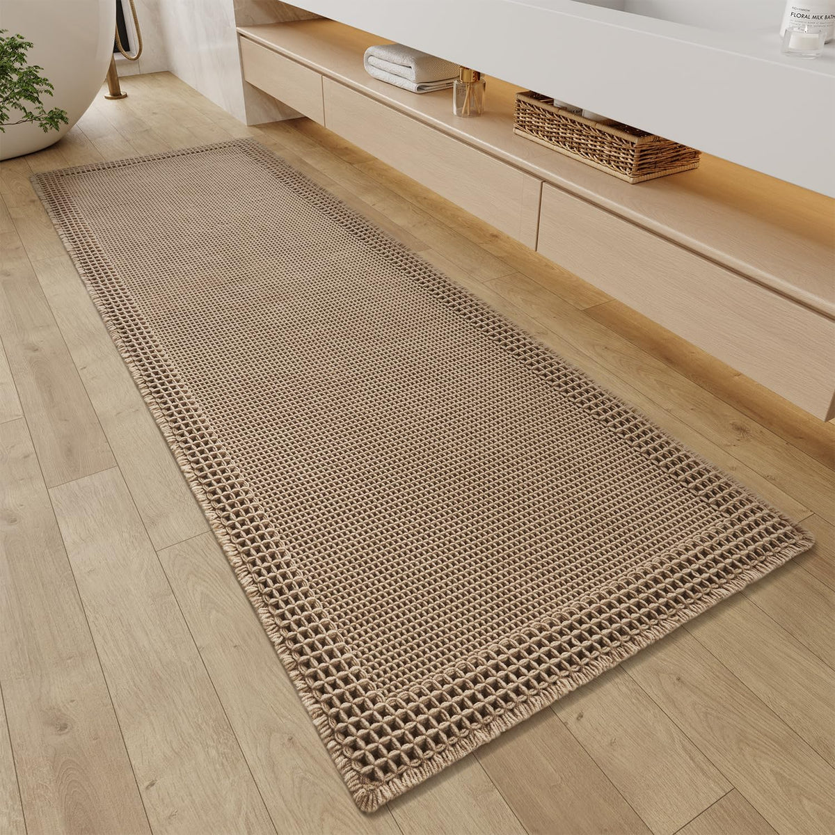 RESARE Waffle Bathroom Runner Rugs, Non Slip Boho Bath Mat 24"x72" Brown
