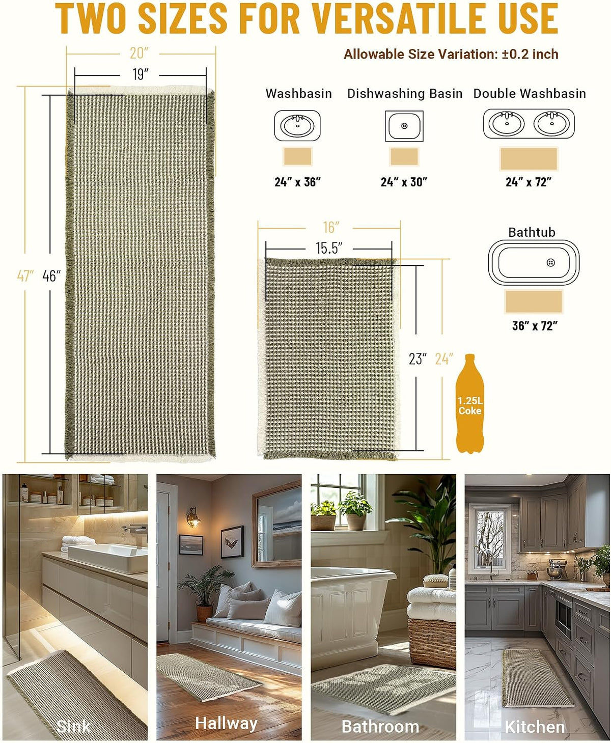 Large Waffle Bath Mat Set Non Slip, Ultra Absorbent Bath Mats for Christmas Bathroom Decor, Extra Soft Floor Bathroom Rugs Sets 2 Piece, Washable Bath Rugs Set, Green & White, 20"×47" and 16"×24"