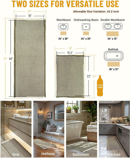 Large Waffle Bath Mat Set Non Slip, Ultra Absorbent Bath Mats for Christmas Bathroom Decor, Extra Soft Floor Bathroom Rugs Sets 2 Piece, Washable Bath Rugs Set, Green & White, 20"×47" and 16"×24"