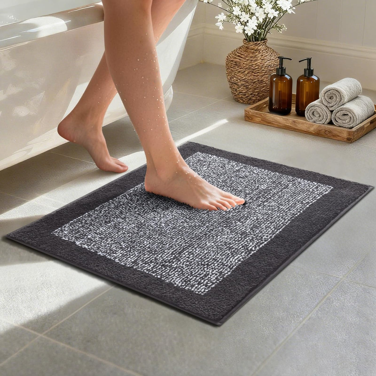 Long 2x4 Ft (48''x24'') Bathroom Rugs, Non Slip Washable Bath Mat Grey