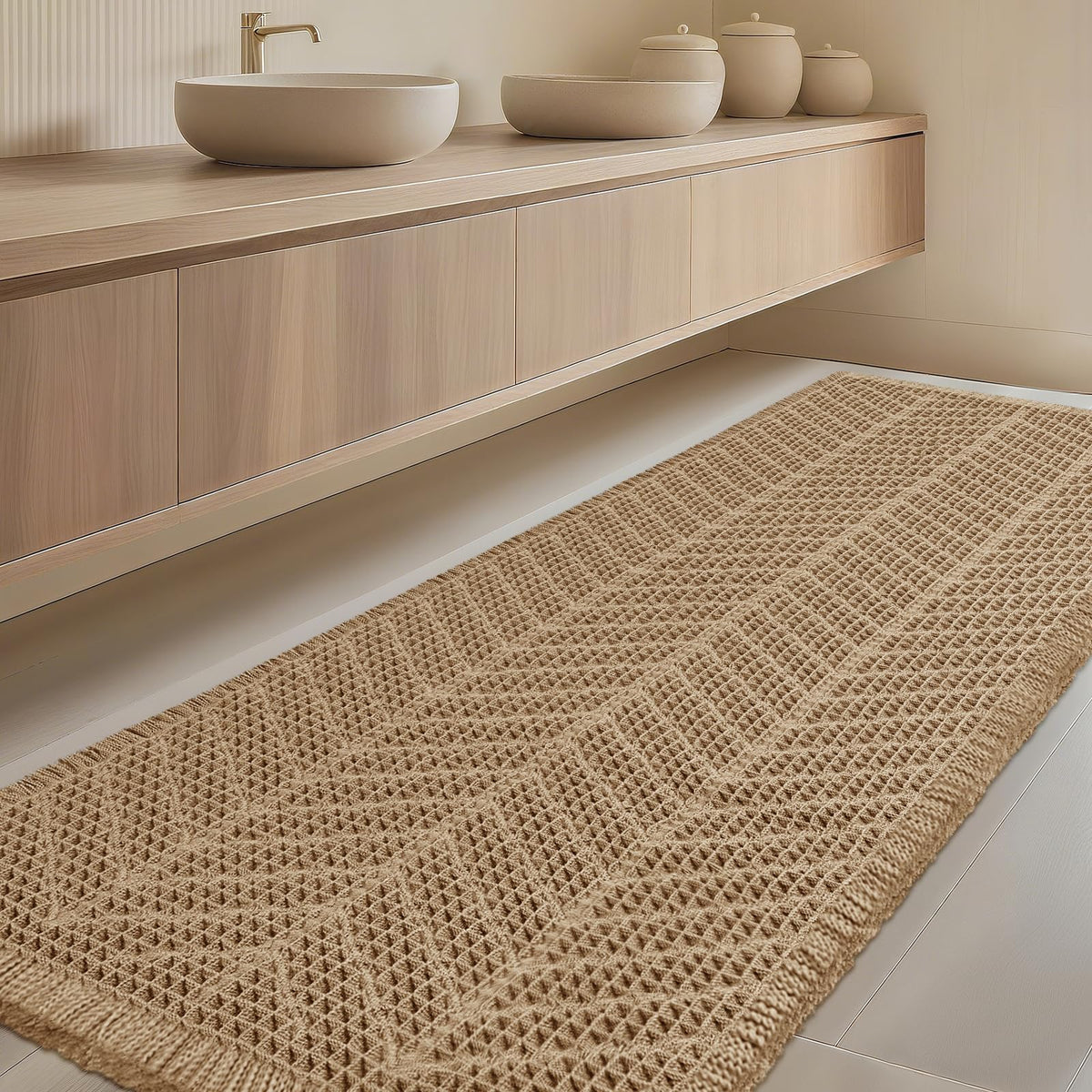 Upgrade Waffle Bath Mat Set 2 Piece, Boho Bathroom Rugs Absorbent Non Slip, Ultra Soft Bathroom Mat, Machine Washable Knit Bath Rugs with Herringbones for Bathroom, Bedroom, Kitchen, Shower, White