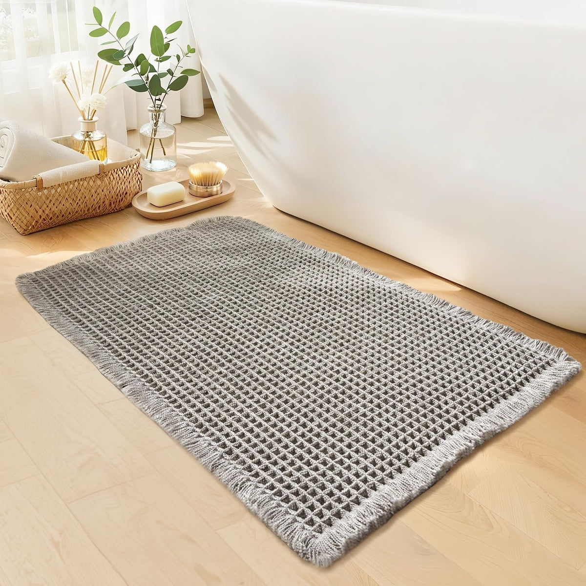 Waffle Bath Mat, Boho Bathroom Rugs Non Slip Washable, 18" x 30"