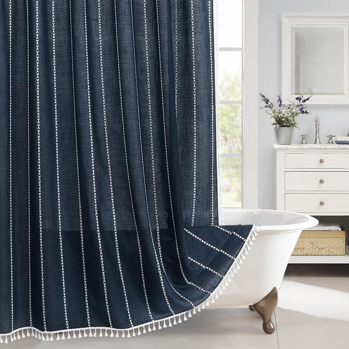 Boho Farmhouse Tassel Linen Shower Curtain,3D Embroidery Stripe Black,72x72