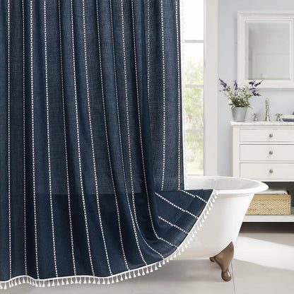 Boho Farmhouse Tassel Linen Shower Curtain,3D Embroidery Stripe Black,72x72