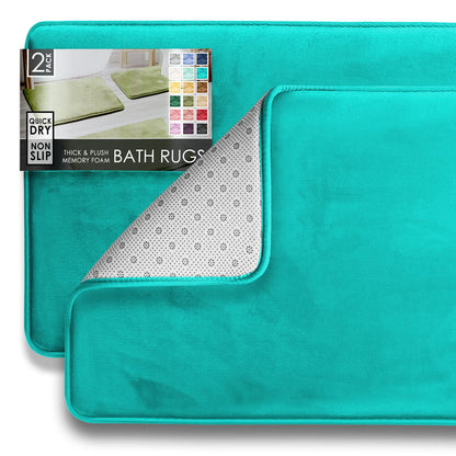 Clara Clark 3 Piece Bathroom Rugs Bath Mat Set, Velvet Memory Foam Bath Mats for Bathroom - Non-Slip, PVC Backing Bath Rugs, Washable - Dries Quickly, Green