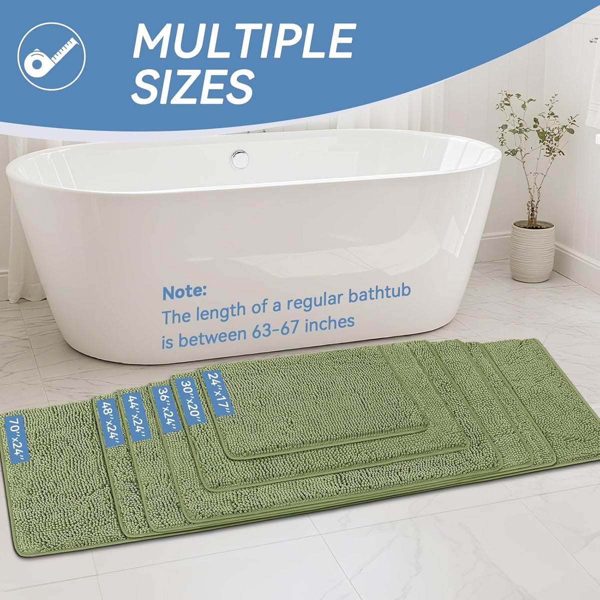 Bcoimo Bath Rug Mat,Sage Chenille High Absorbent Long Bathroom Runner Rugs