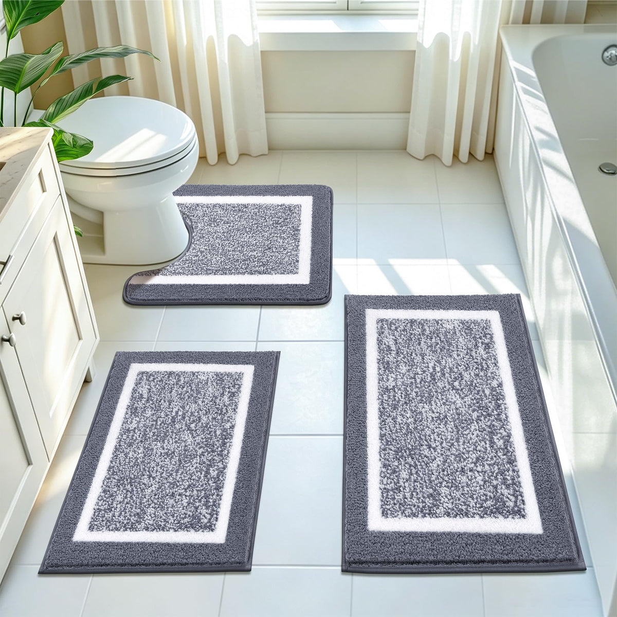 Pauwer Bathroom Rugs 3 Piece Set, Non Slip Washable Bath Mat, Dark Grey