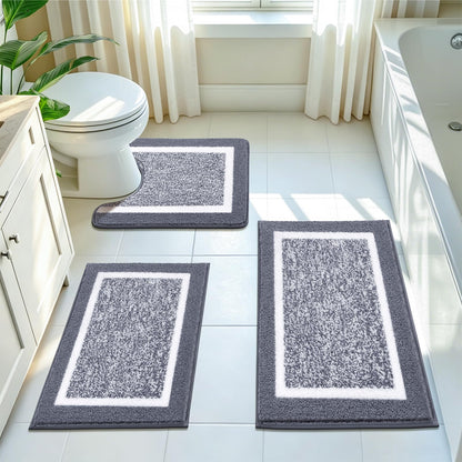 Pauwer Bathroom Rugs 3 Piece Set, Non Slip Washable Bath Mat, Dark Grey