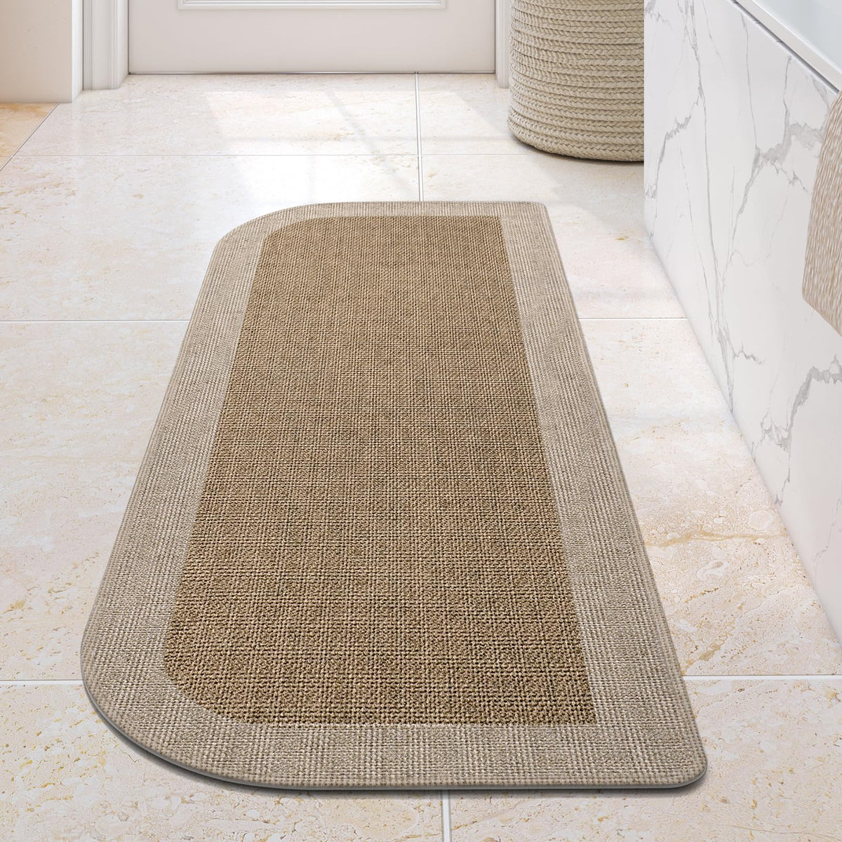 YDKGL Half Circle Bath Mat, Non Slip Thin Bathroom Rugs, Brown 16x24