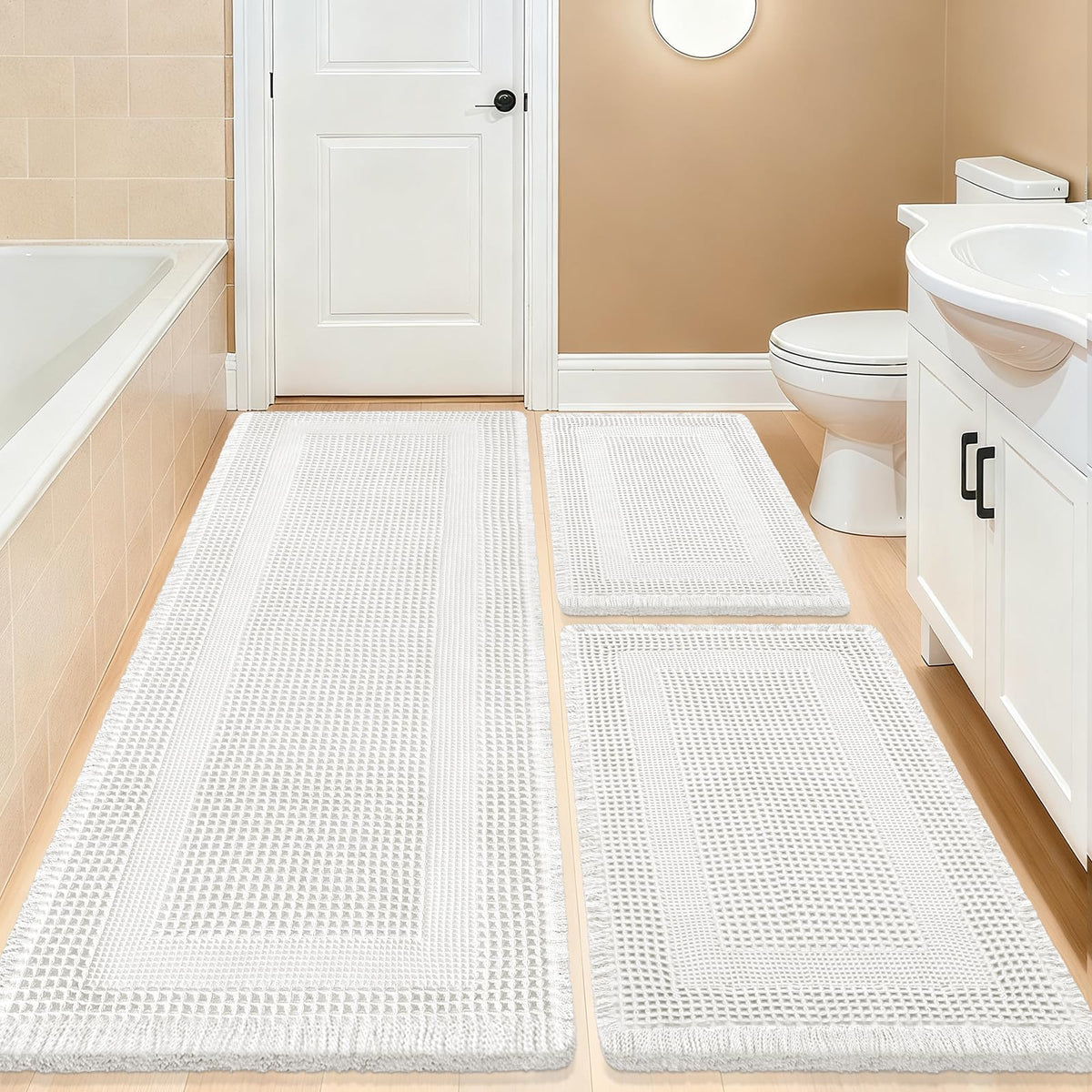 Upgrade Waffle Bath Mat Set 2 Piece, Boho Bathroom Rugs Absorbent Non Slip, Ultra Soft Bathroom Mat, Machine Washable Knit Bath Rugs with Herringbones for Bathroom, Bedroom, Kitchen, Shower, White