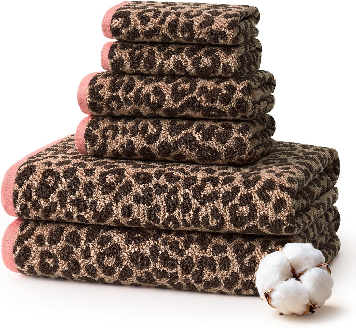 REDKISS Leopard Print Towel Set of 6,100% Cotton Bathroom Towels,Quick Dry & Absorbent,2 Bath Towel, 2 Hand Towel, 2 Washcloth-Dark Brown