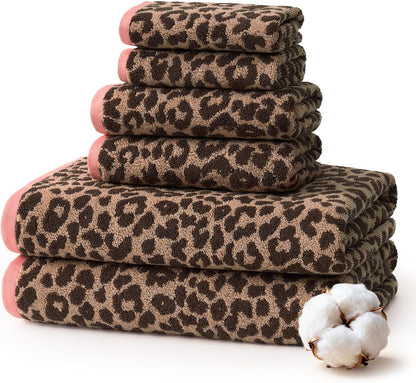REDKISS Leopard Print Towel Set of 6,100% Cotton Bathroom Towels,Quick Dry & Absorbent,2 Bath Towel, 2 Hand Towel, 2 Washcloth-Dark Brown