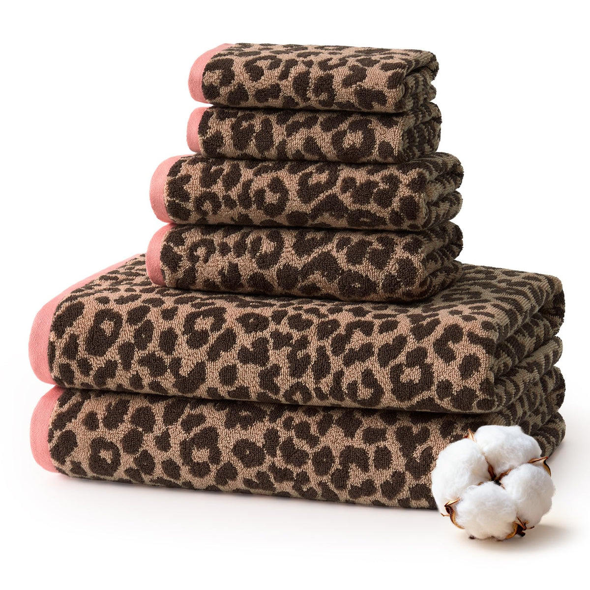 REDKISS Leopard Print Towel Set of 6,100% Cotton Bathroom Towels,Quick Dry & Absorbent,2 Bath Towel, 2 Hand Towel, 2 Washcloth-Dark Brown