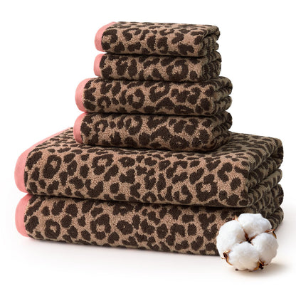 REDKISS Leopard Print Towel Set of 6,100% Cotton Bathroom Towels,Quick Dry & Absorbent,2 Bath Towel, 2 Hand Towel, 2 Washcloth-Dark Brown