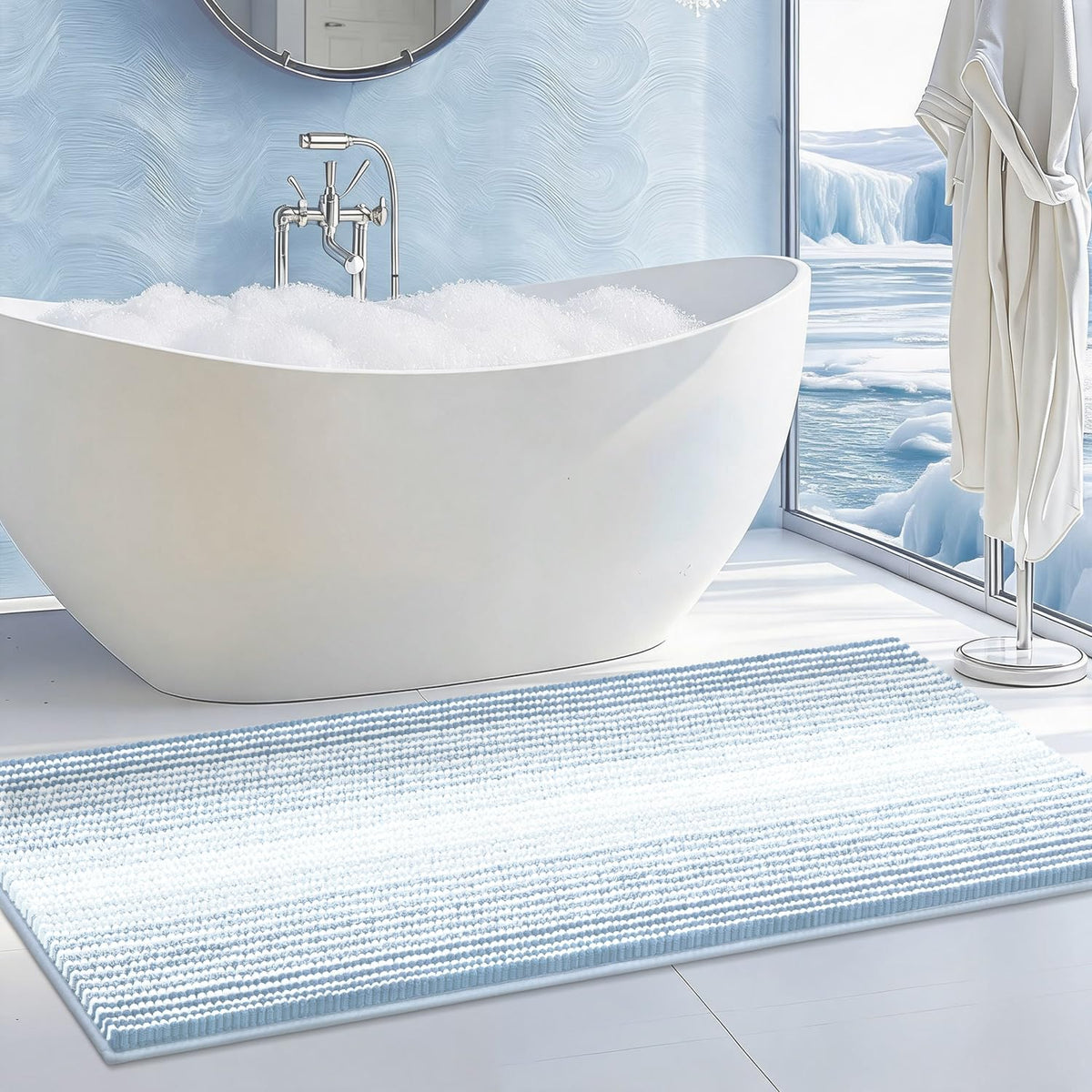 BSICPRO Bathroom Rugs Sets 2 Piece, Non Slip Striped Bath Mats, Fog Blue