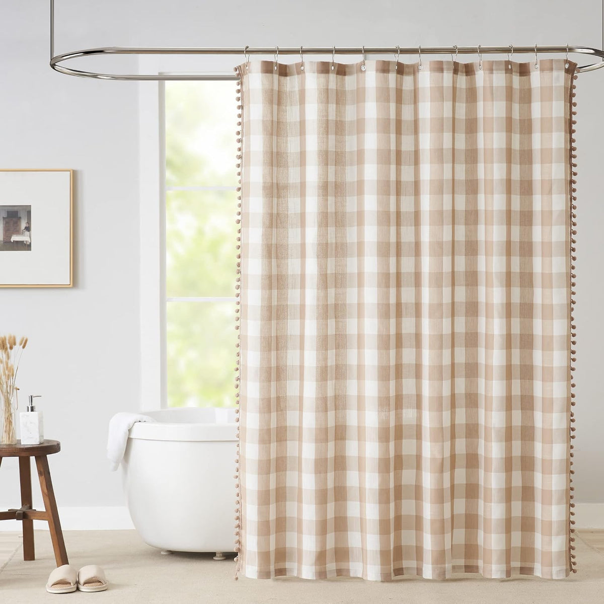 Tan and White Buffalo Plaid Boho Shower Curtain for Bathroom 72” x 72”