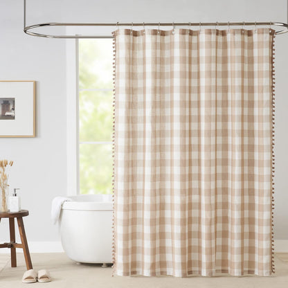 Tan and White Buffalo Plaid Boho Shower Curtain for Bathroom 72” x 72”