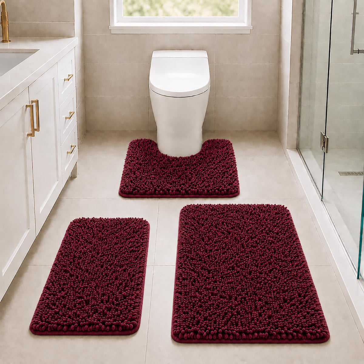 Bathroom Rugs Set Non Slip 3 Piece Bath Mat Washable Chenille Bath Rugs with PVC Backing Bath Carpet,Absorbent Bathroom Mats with Toilet Rug,Bath Mats for Bathroom,Bedroom, Kitchen,Tub,Home Decor