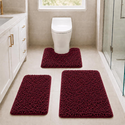 Bathroom Rugs Set Non Slip 3 Piece Bath Mat Washable Chenille Bath Rugs with PVC Backing Bath Carpet,Absorbent Bathroom Mats with Toilet Rug,Bath Mats for Bathroom,Bedroom, Kitchen,Tub,Home Decor