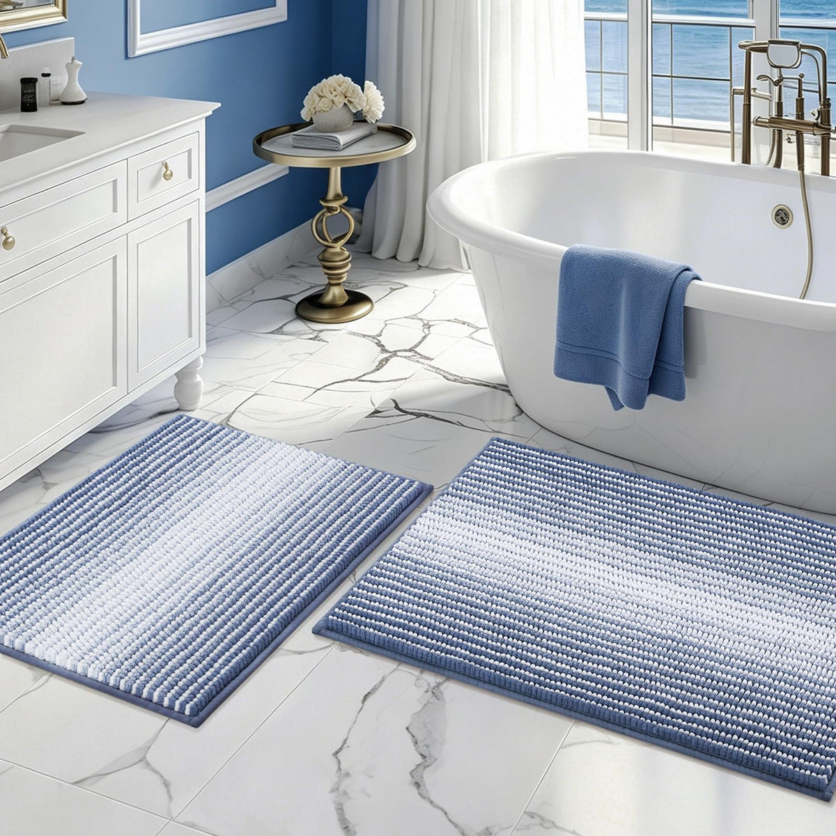 BSICPRO Bathroom Rugs Sets 2 Piece, Non Slip Striped Bath Mats, Fog Blue