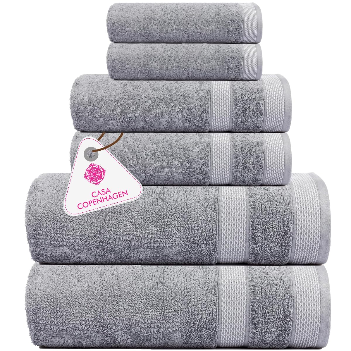 CASA COPENHAGEN Solitaire 6 Pieces Towel Set- Midnight Black, 600 GSM 2 Bath Towel 2 Hand Towel 2 Washcloth, Designed in Denmark Made of Soft Egyptian Cotton for Bathroom, Kitchen & Shower