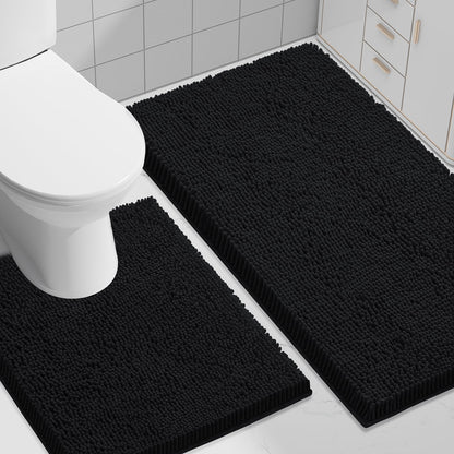 Smiry Chenille Bathroom Rugs Sets 2 Piece (30x20+24x16, Black)