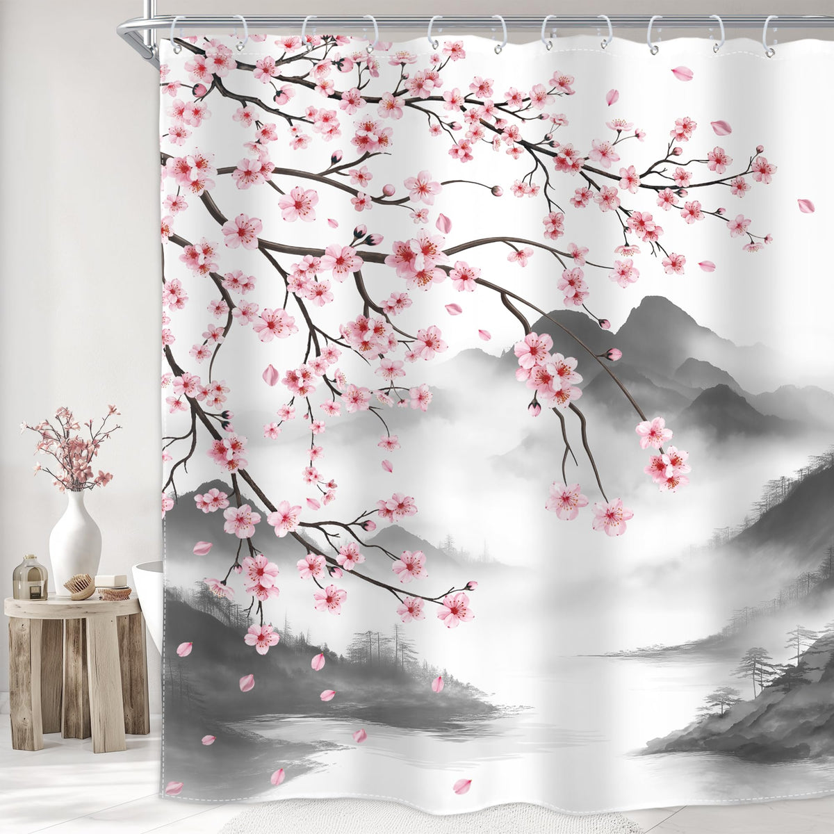 Pink Cherry Blossom Plum Asian Shower Curtain Japanese 60Wx72H Inch Decor