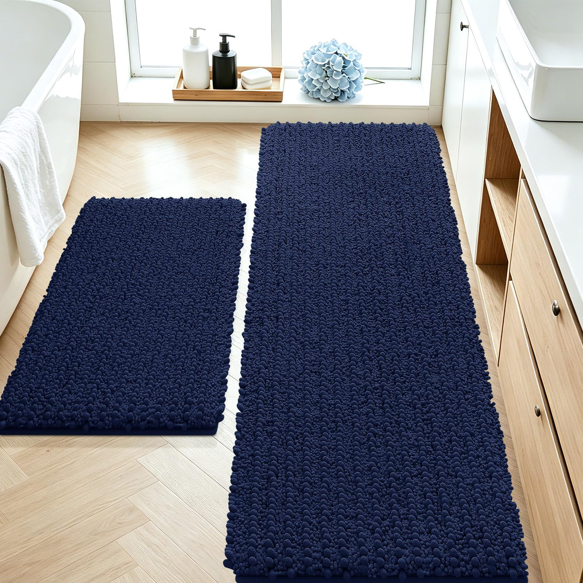ACCUMTEK Upgrade Extra Large Black Bathroom Rug Set 3 Pieces Ultra Soft, Thick Absorbent Bath Mats, Non Slip Chenille Toilet Mat for Bathroom, Bedroom, Kitchen